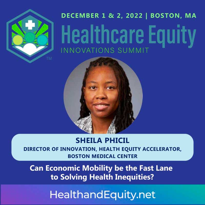 Photo of ad for Healthcare Equity Summit inn Boston, MA featuring Sheila Phicil
